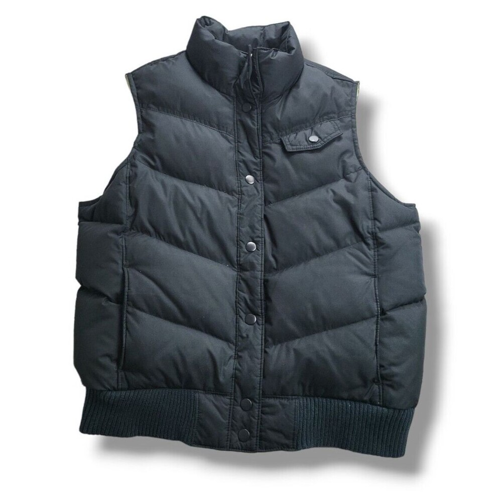 Gap Black Puffer Vest Size M DOWN FILLER Green Lined Elastic Arm Hem